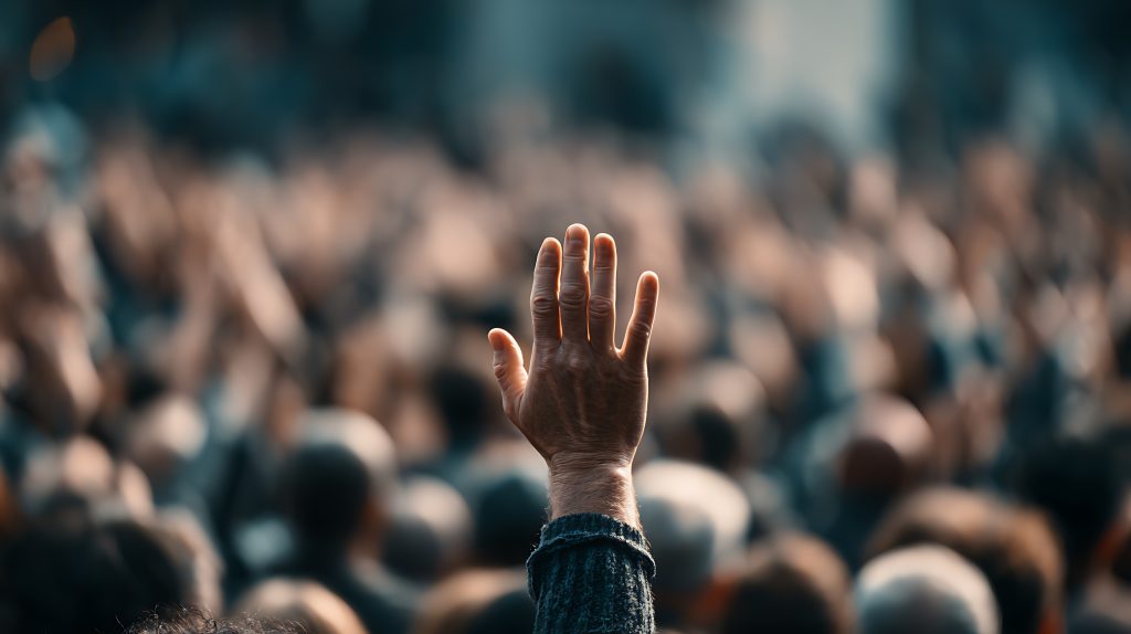 A raised hand in a large crowd
