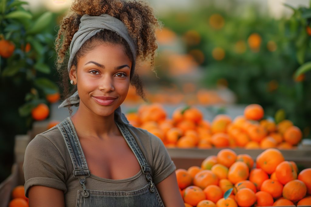 Woman smiling in an orange grove